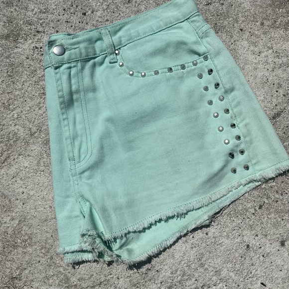 Mint Green Cutoff Shorts - Picture 3 of 7